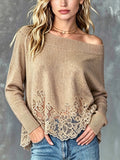 Chic Elegant Camel Off-The-Shoulder Long-Sleeve Lace Hem Detail Slim-Fit Soft Knit Sweater