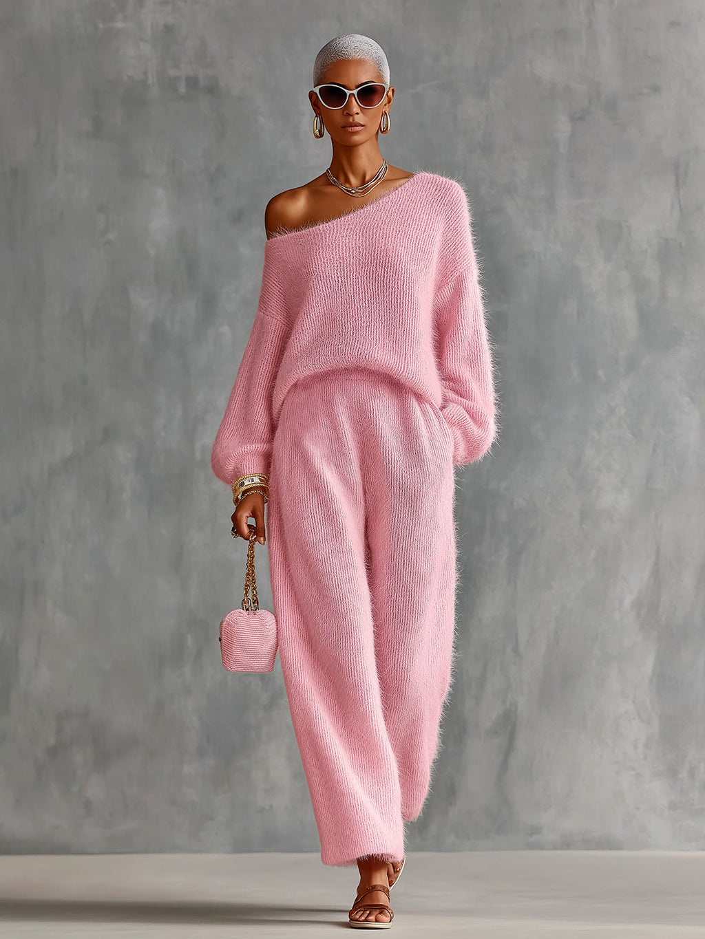 Chic Elegant Pink One-Shoulder Long-Lantern-Sleeve Sweater Wide-Leg Pants Loose-Fit Soft Mohair Blend Knit Two-Piece Set