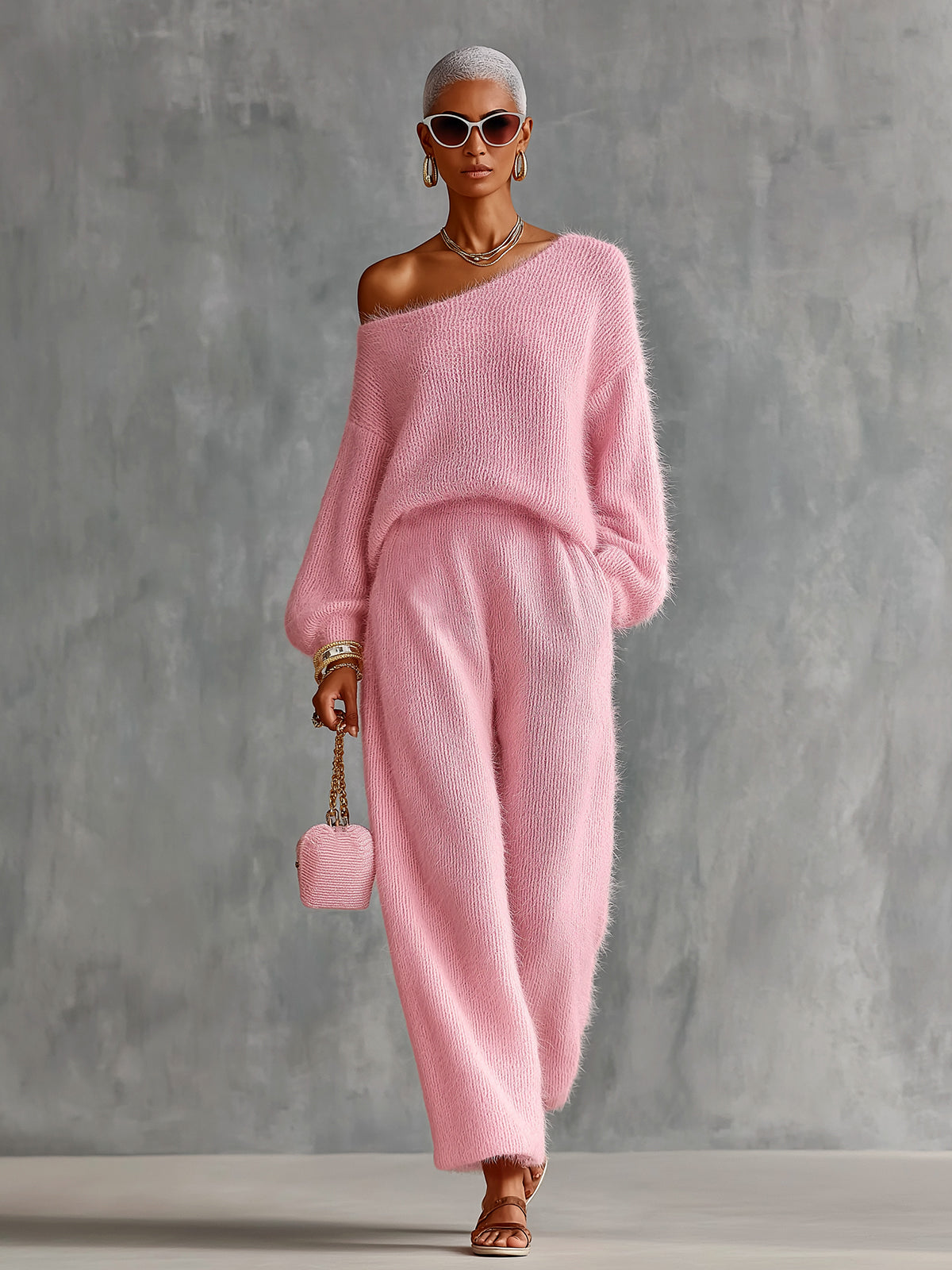 Chic Elegant Pink One-Shoulder Long-Lantern-Sleeve Sweater Wide-Leg Pants Loose-Fit Soft Mohair Blend Knit Two-Piece Set