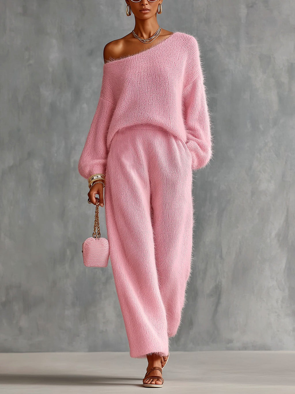 Chic Elegant Pink One-Shoulder Long-Lantern-Sleeve Sweater Wide-Leg Pants Loose-Fit Soft Mohair Blend Knit Two-Piece Set