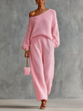 Chic Elegant Pink One-Shoulder Long-Lantern-Sleeve Sweater Wide-Leg Pants Loose-Fit Soft Mohair Blend Knit Two-Piece Set
