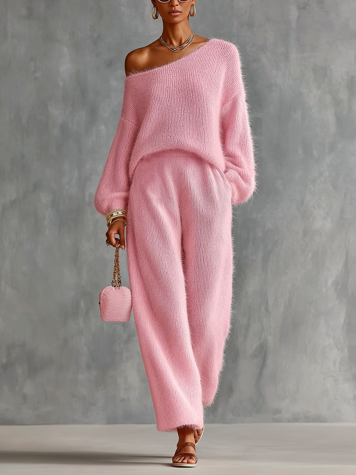 Chic Elegant Pink One-Shoulder Long-Lantern-Sleeve Sweater Wide-Leg Pants Loose-Fit Soft Mohair Blend Knit Two-Piece Set