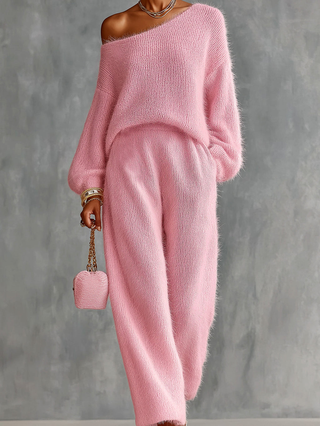 Chic Elegant Pink One-Shoulder Long-Lantern-Sleeve Sweater Wide-Leg Pants Loose-Fit Soft Mohair Blend Knit Two-Piece Set