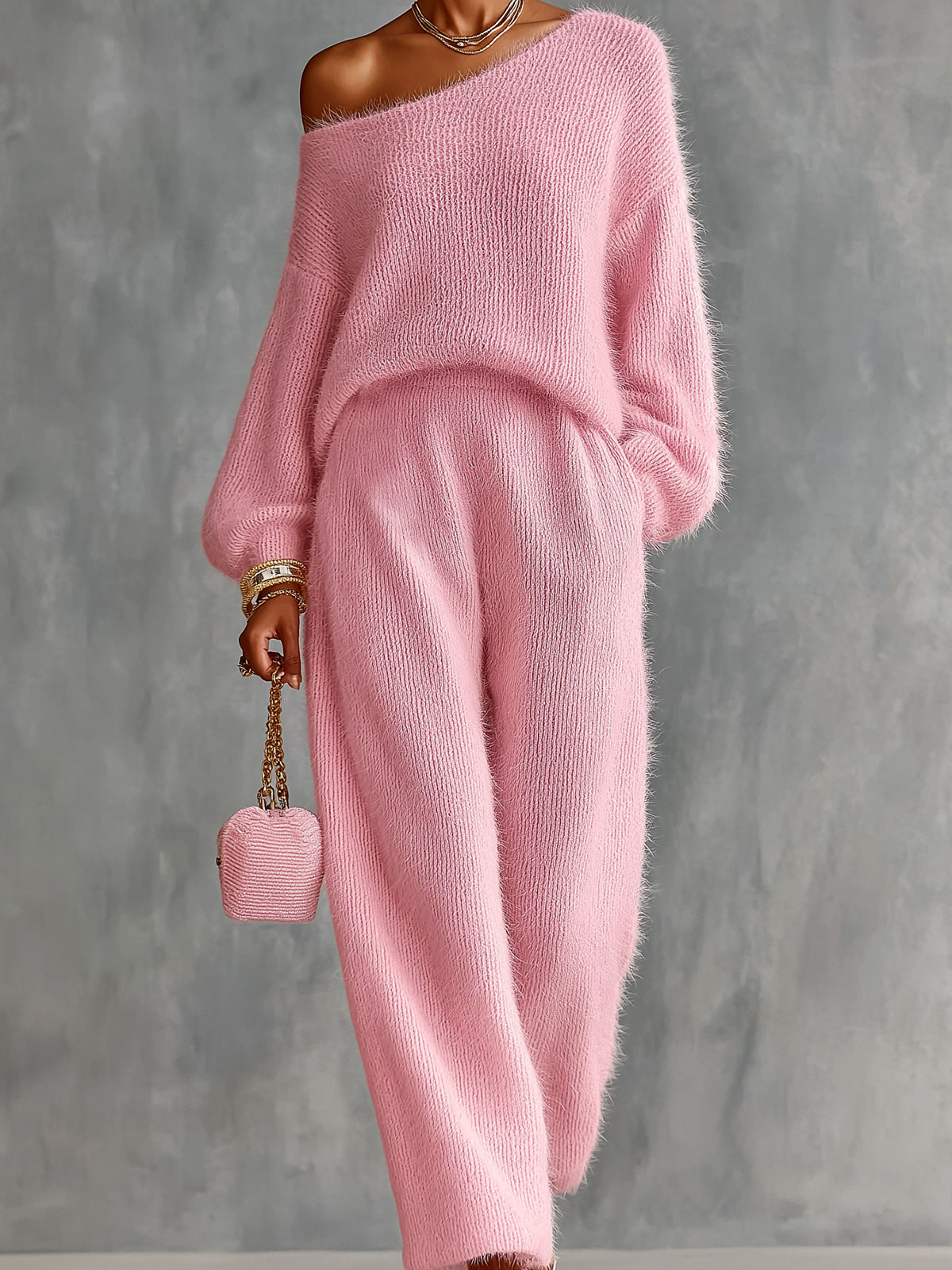 Chic Elegant Pink One-Shoulder Long-Lantern-Sleeve Sweater Wide-Leg Pants Loose-Fit Soft Mohair Blend Knit Two-Piece Set