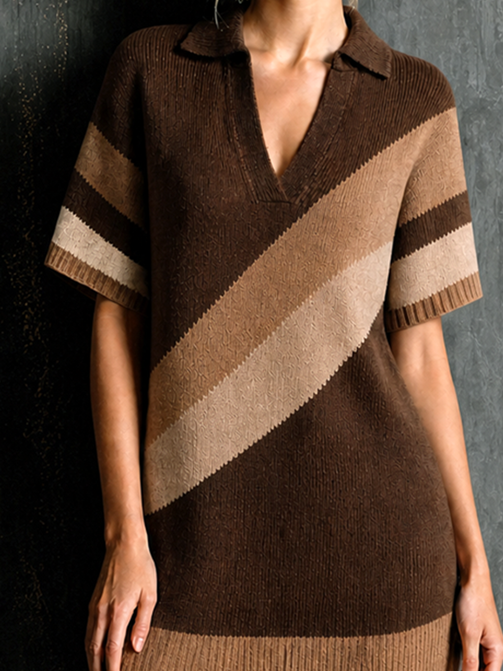 Chic Elegant Beige-Camel-Brown Colorblock Lapel-Collar V-Neck Short-Sleeve Loose-Fit Knit Mini Dress