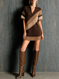 Chic Elegant Beige-Camel-Brown Colorblock Lapel-Collar V-Neck Short-Sleeve Loose-Fit Knit Mini Dress