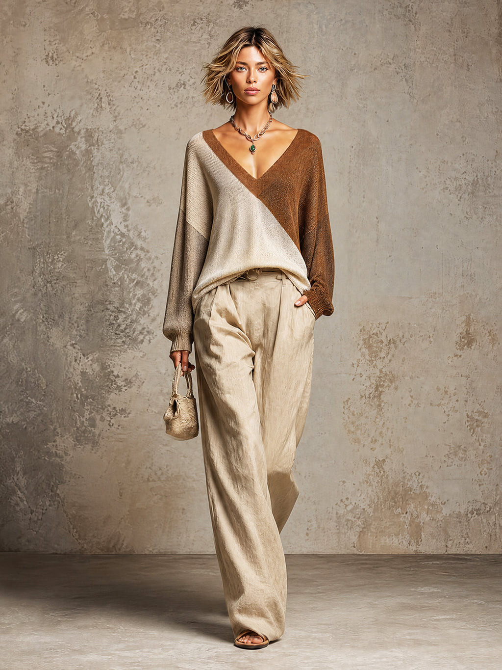 Chic Elegant Beige-Light Gray-Brown Colorblock V-Neck Long-Sleeve Loose-Fit Knit Top Beige Linen Wide-Leg Trousers Set