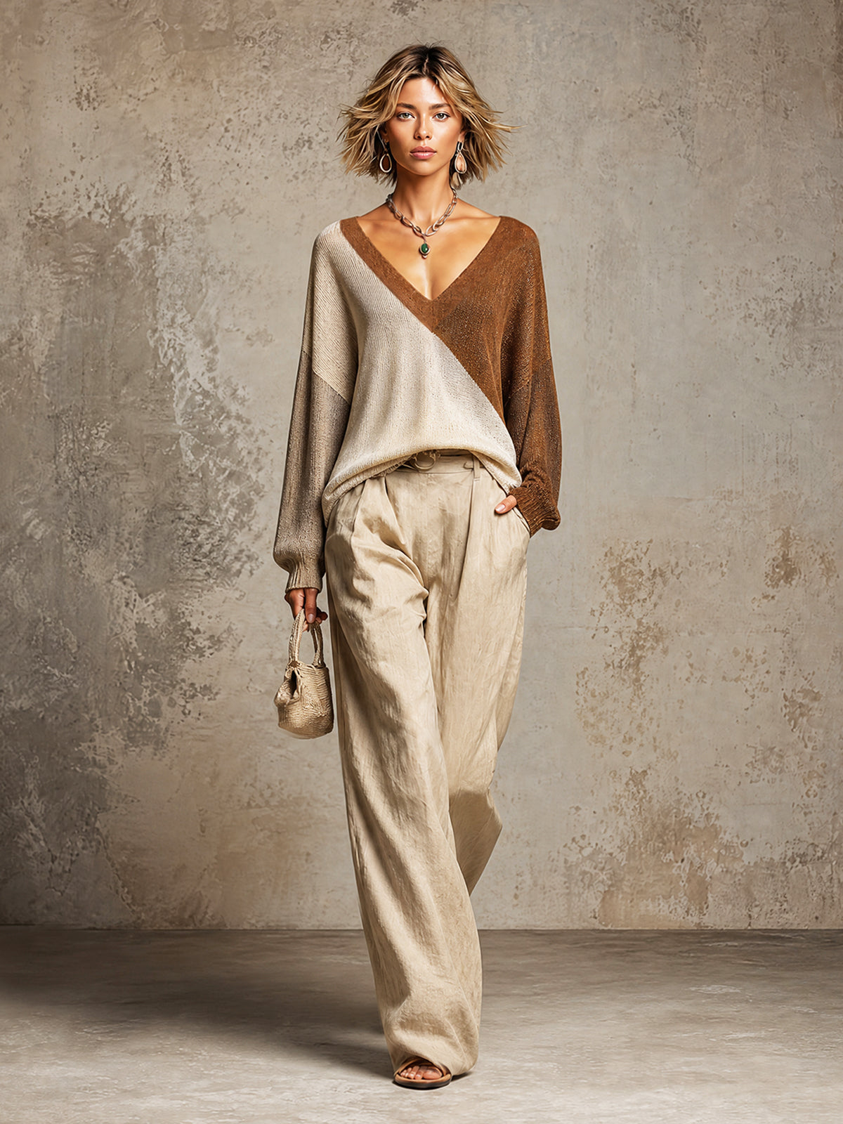 Chic Elegant Beige-Light Gray-Brown Colorblock V-Neck Long-Sleeve Loose-Fit Knit Top Beige Linen Wide-Leg Trousers Set