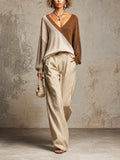 Chic Elegant Beige-Light Gray-Brown Colorblock V-Neck Long-Sleeve Loose-Fit Knit Top Beige Linen Wide-Leg Trousers Set