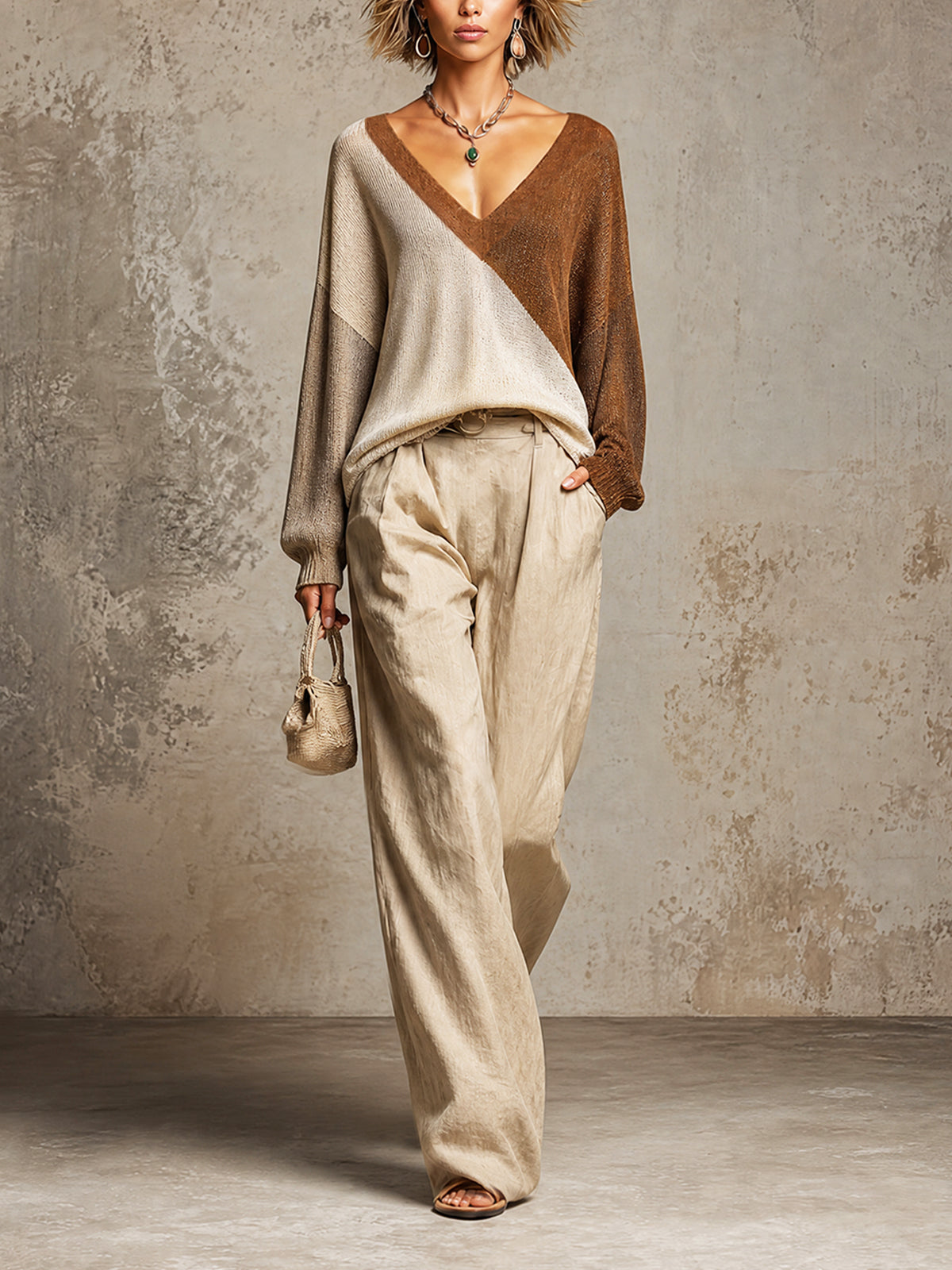 Chic Elegant Beige-Light Gray-Brown Colorblock V-Neck Long-Sleeve Loose-Fit Knit Top Beige Linen Wide-Leg Trousers Set