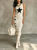 Chic Elegant Beige Round-Neck Sleeveless Black Stars Jacquard Slim-Fit Soft Knit Midi Dress
