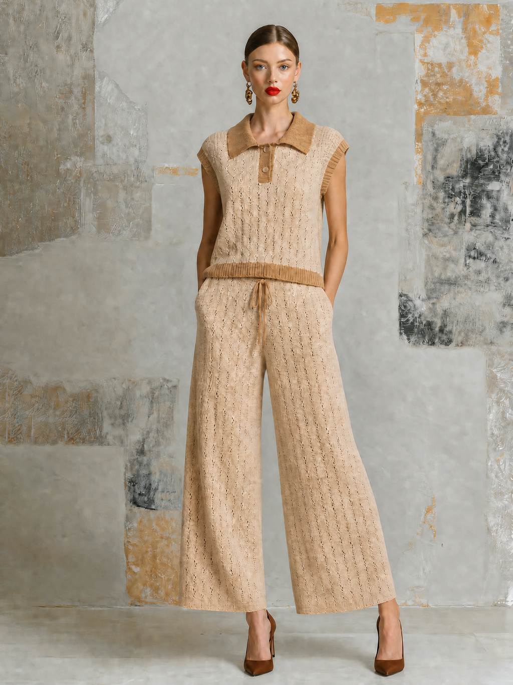 Chic Elegant Beige Lapel-Collar Button-Up Contrast Trim  Cap Sleeve Hollow-Out Sweater Wide-Leg Pants Knit Two-Piece Set