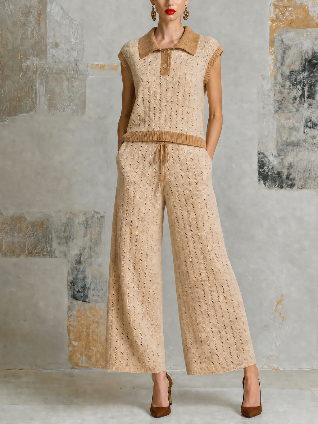 Chic Elegant Beige Lapel-Collar Button-Up Contrast Trim  Cap Sleeve Hollow-Out Sweater Wide-Leg Pants Knit Two-Piece Set