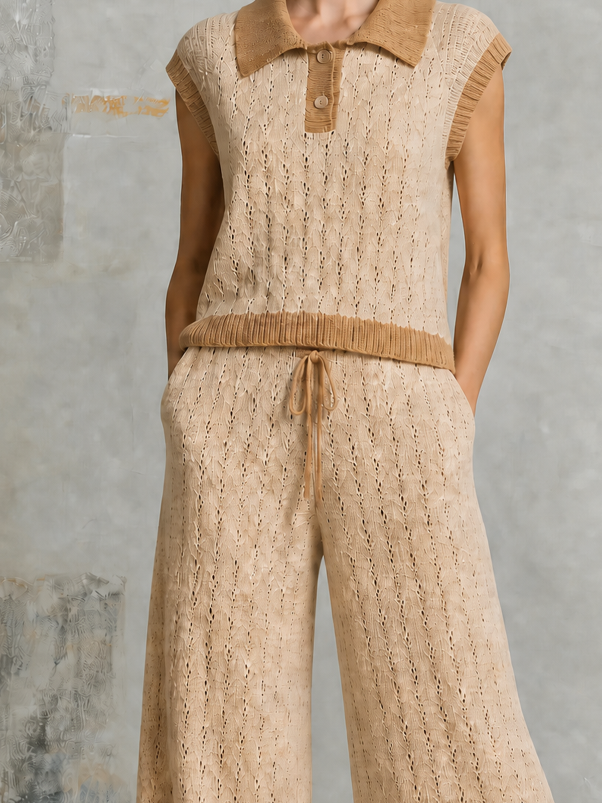 Chic Elegant Beige Lapel-Collar Button-Up Contrast Trim  Cap Sleeve Hollow-Out Sweater Wide-Leg Pants Knit Two-Piece Set