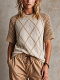Casual Beige-Apricot Colorblock Round Neck Argyle Diamond Raglan  Short-Sleeve Loose Fit Mesh Knit Top