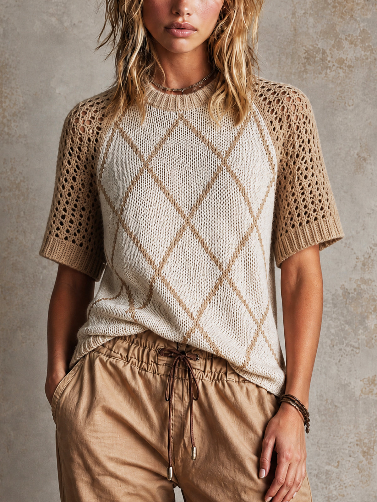 Casual Beige-Apricot Colorblock Round Neck Argyle Diamond Raglan  Short-Sleeve Loose Fit Mesh Knit Top