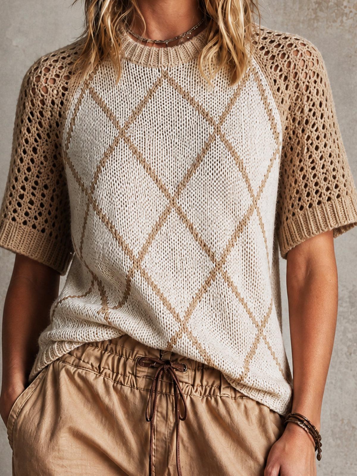Casual Beige-Apricot Colorblock Round Neck Argyle Diamond Raglan  Short-Sleeve Loose Fit Mesh Knit Top