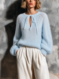Chic Casual Sky Blue Round-Neck Keyhole Tie‑Up Long Sleeve Loose-Fit Mohair Knit Sweater Top