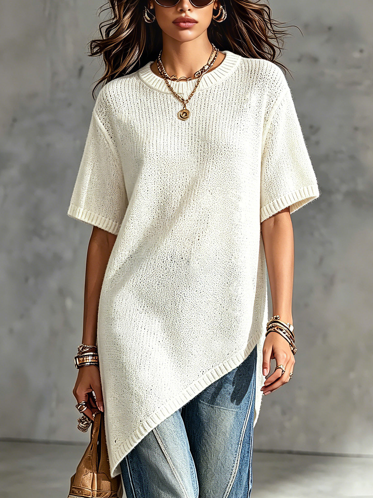 Chic Elegant Cream White Round-Neck Short-Sleeve Asymmetrical Hem Loose-Fit Soft Knit Sweater