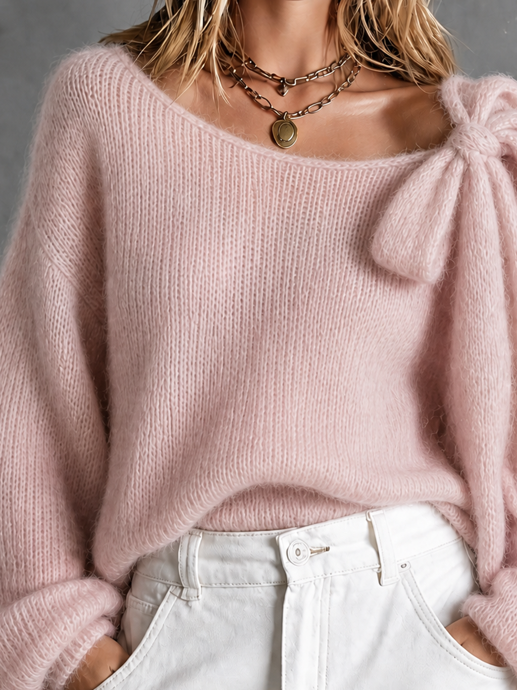 Chic Casual Dusty Pink Boat Off‑Shoulder Neck Bow Details Long Sleeve Loose-Fit Knit Sweater Top