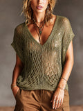 Casual Olive Green V-Neck Short Sleeve Loose-Fit Mesh Knit Sweater Top