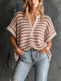 Chic Casual Off‑White-Dusty Brown Stripe Henley Half‑Button Short-Sleeve Loose-Fit Knit Sweater Top
