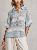 Chic Light Blue-Cream Colorblock Striped Colorblock Polo Neck Short Sleeve Loose-Fit Mesh Knit Sweater Top