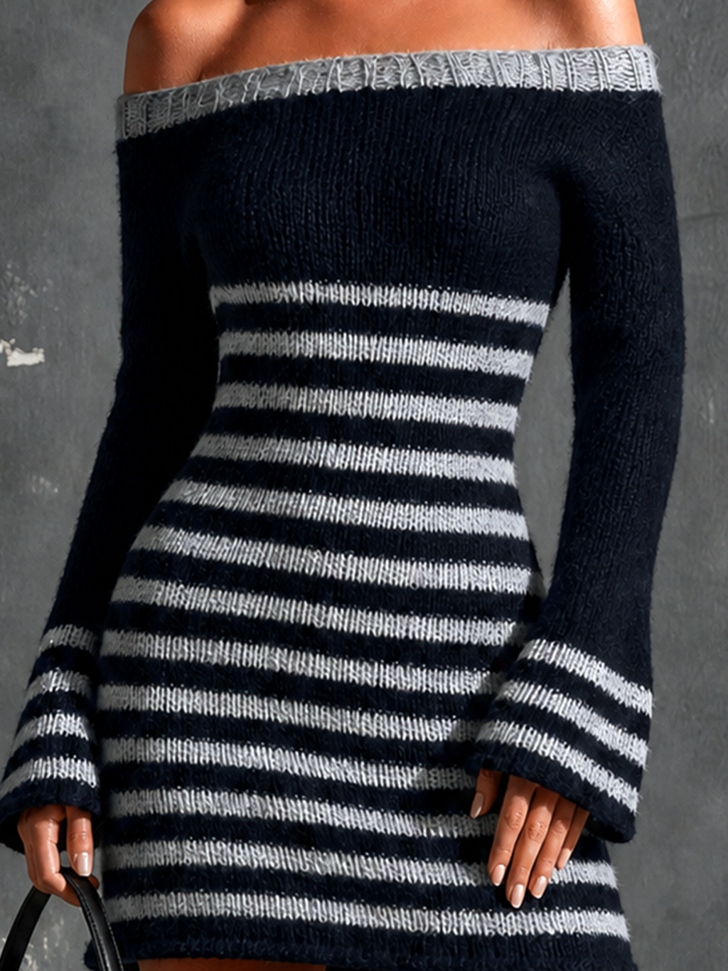 Chic Elegant Navy Blue-Grey Stripe Off‑the‑Shoulder Long Flare Sleeves Slim-Fit Knit Mini Dress