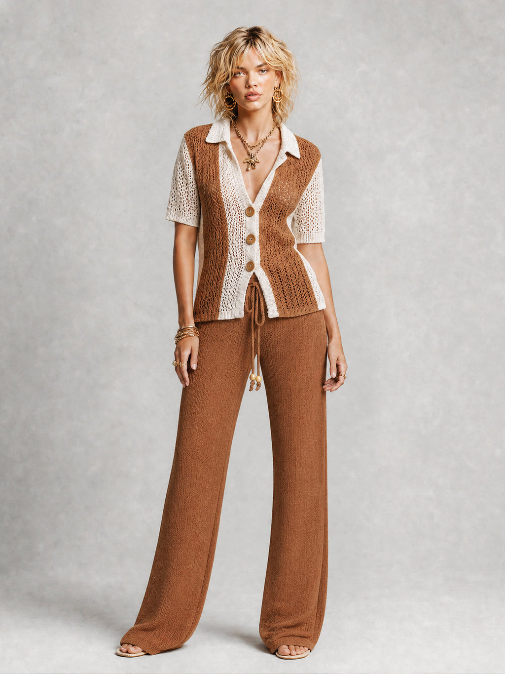 Chic White-Caramel Colorblock Lapel Short Sleeve Single Breasted Cardigan Top Straight-leg Pants Bead Details Regular-Fit  Knit Two-Piece Set