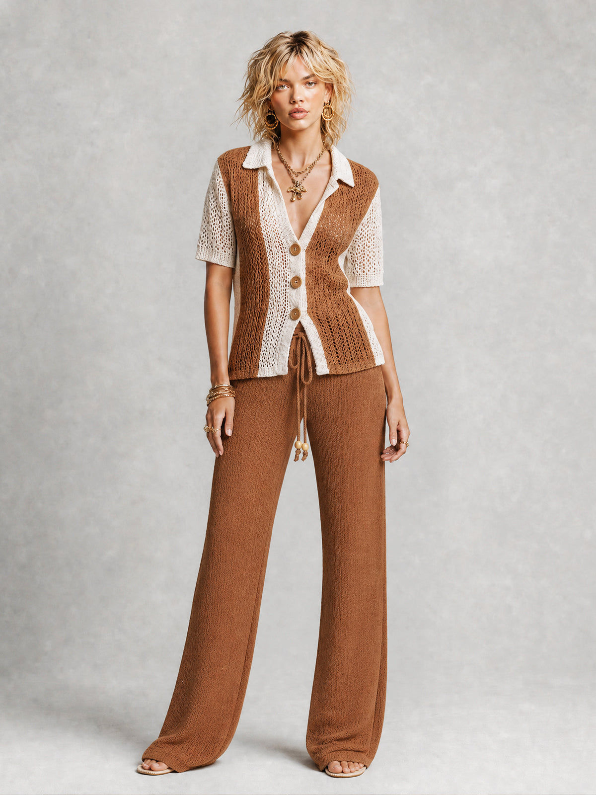 Chic White-Caramel Colorblock Lapel Short Sleeve Single Breasted Cardigan Top Straight-leg Pants Bead Details Regular-Fit  Knit Two-Piece Set
