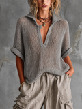 Chic Casual Dusty Grey Lapel-Collar V-Neck Button-Detail Half‑Sleeve Loose-Fit Mesh Knit Sweater Top