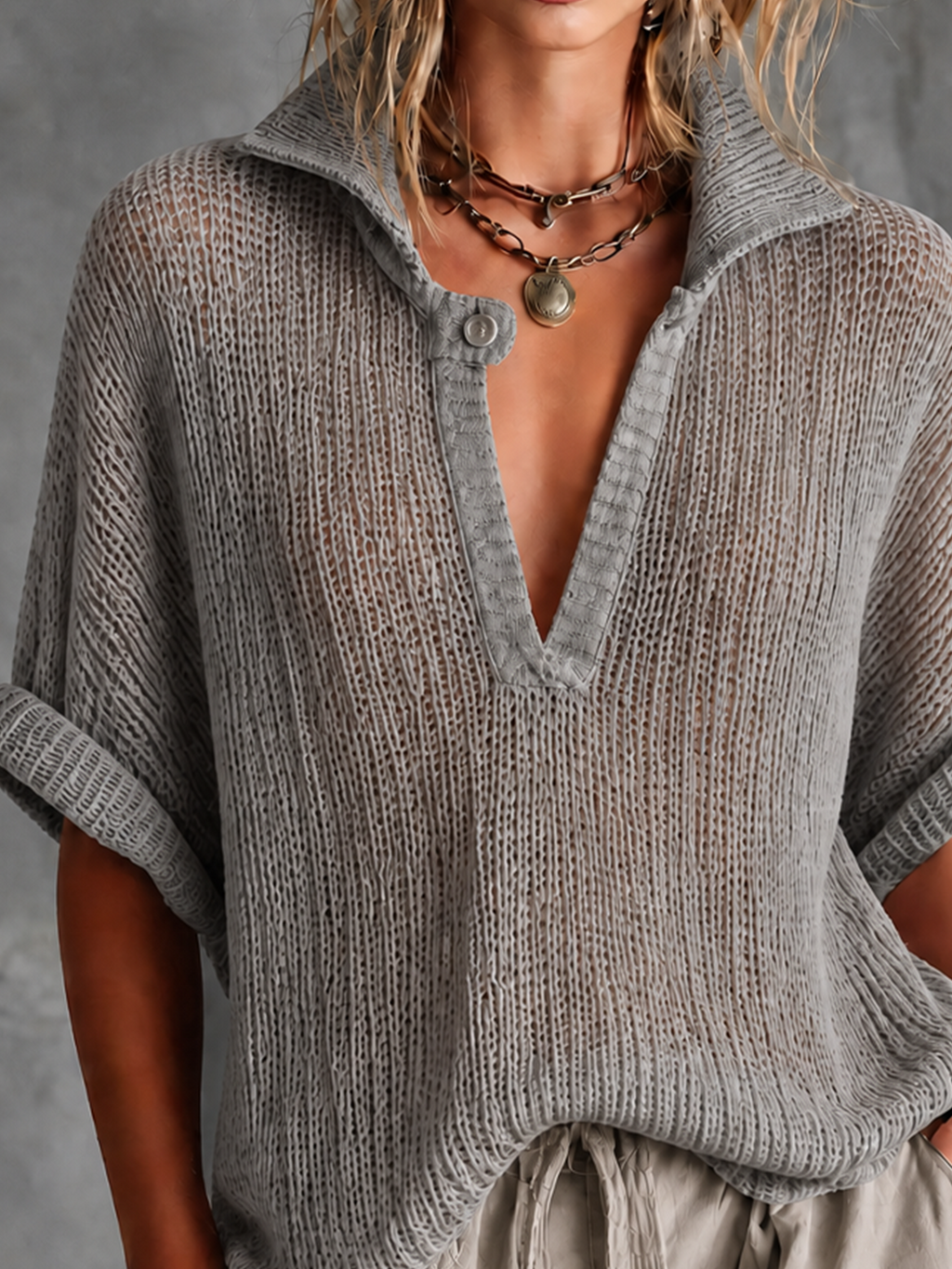 Chic Casual Dusty Grey Lapel-Collar V-Neck Button-Detail Half‑Sleeve Loose-Fit Mesh Knit Sweater Top