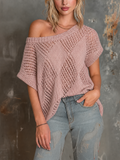 Chic Casual Dusty Pink Off‑Shoulder Diamond Open‑Work Jacquard Batwing Cap‑Sleeve Loose-Fit Knit Sweater Top