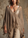 Chic Bohemian Metallic Taupe Deep V-Neck Cape Sleeve Fringe Loose-Fit  Mesh Knit Sweater Top