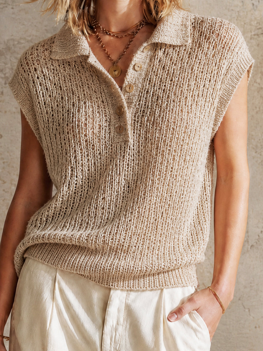 Chic Minimalist Beige Polo-Neck Sleeveless Button Details Loose-Fit Knit Top
