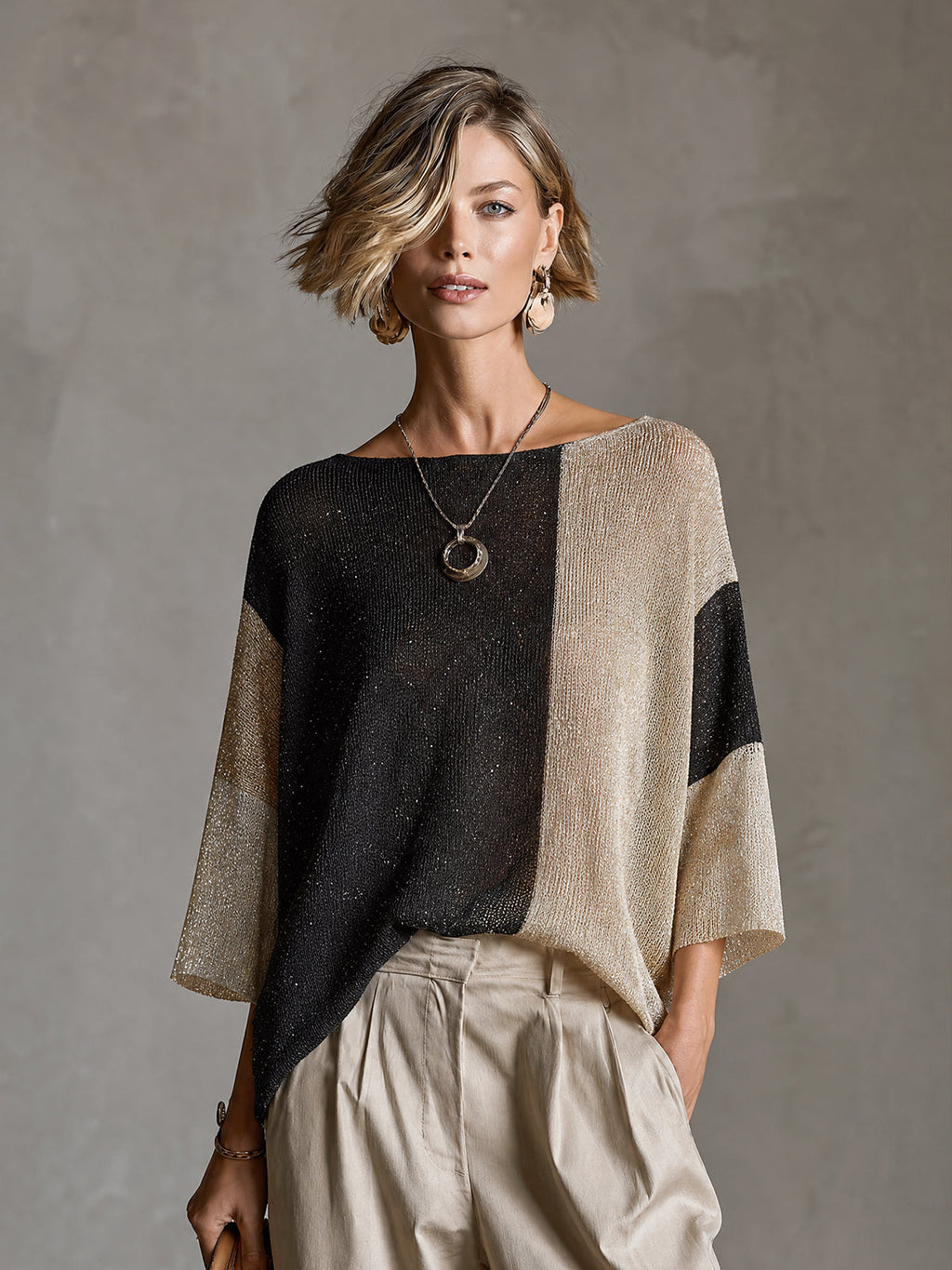 Chict Gold Black-Beige Colorblock Boat Neck Three Quarter Sleeve Loose-Fit Knit Sweater Top