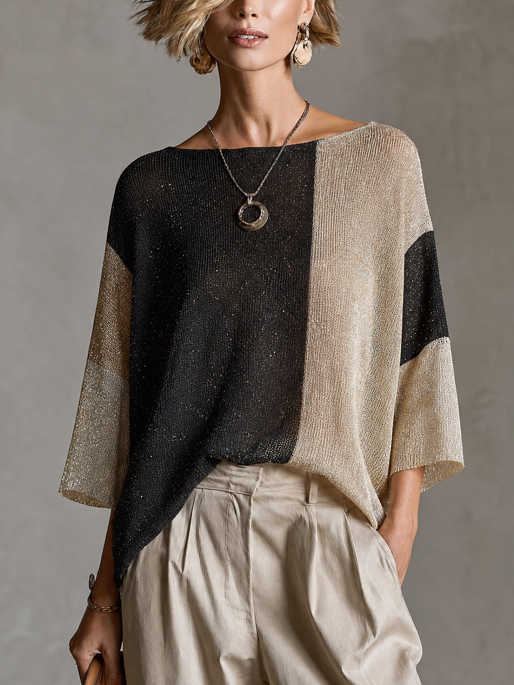 Chict Gold Black-Beige Colorblock Boat Neck Three Quarter Sleeve Loose-Fit Knit Sweater Top