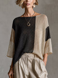 Chict Gold Black-Beige Colorblock Boat Neck Three Quarter Sleeve Loose-Fit Knit Sweater Top
