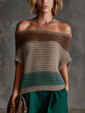 Chic Brown-Beige-Teal Colorblock Stripes Off-Shoulder Batwing Short Sleeve Loose-Fit Knit Sweater Top