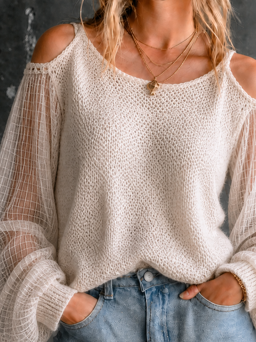 Chic Casual Off‑White Spaghetti Straps Cold Shoulder Sheer Grid‑Mesh Long Sleeve Loose-Fit Knit Sweater Top