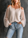 Chic Casual Off‑White Spaghetti Straps Cold Shoulder Sheer Grid‑Mesh Long Sleeve Loose-Fit Knit Sweater Top
