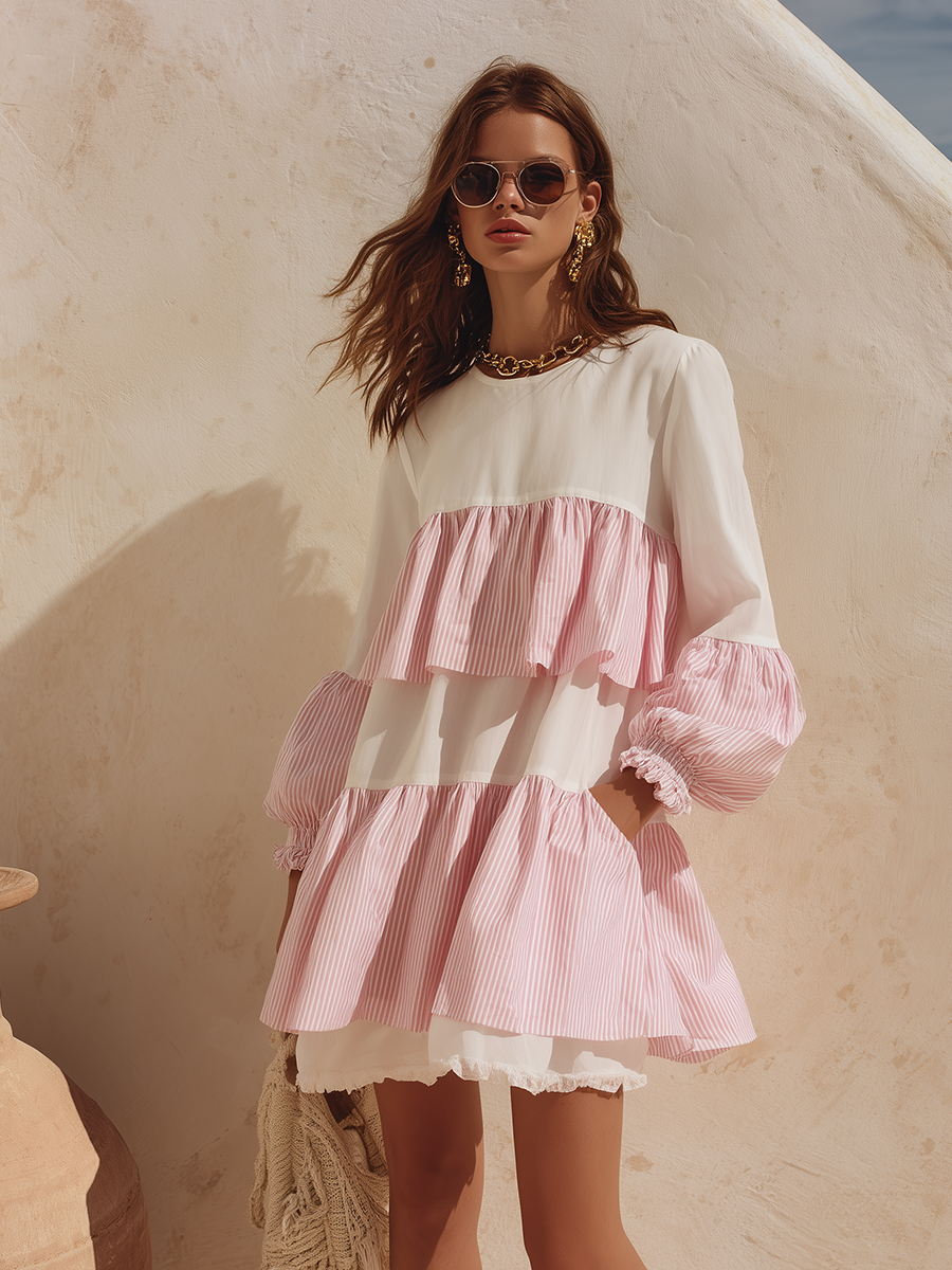 Chic And Relaxed Vacation-style Multi-layered Ruffled Mini Dress