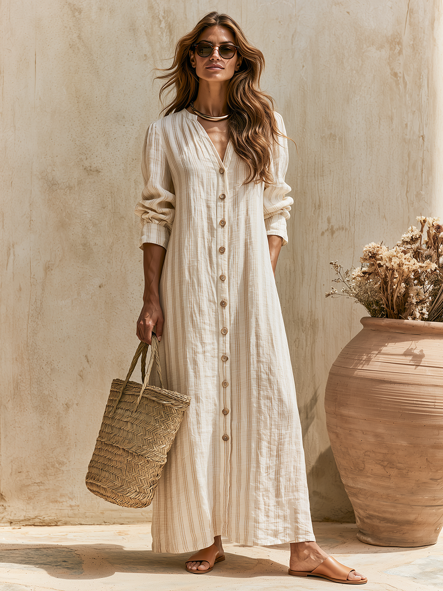 Old Money Vacation Striped Long-Sleeve V-Neck Cotton-Linen Maxi Dress