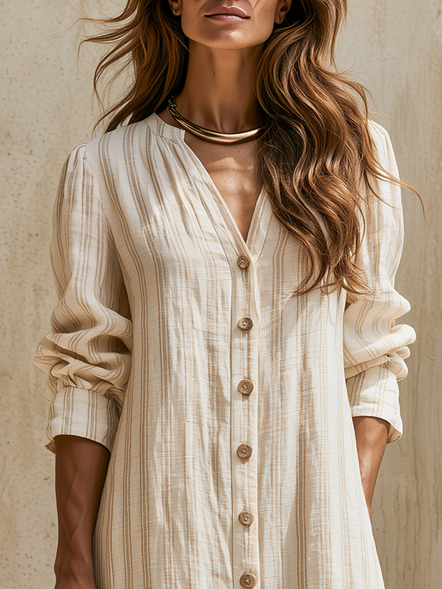 Old Money Vacation Striped Long-Sleeve V-Neck Cotton-Linen Maxi Dress
