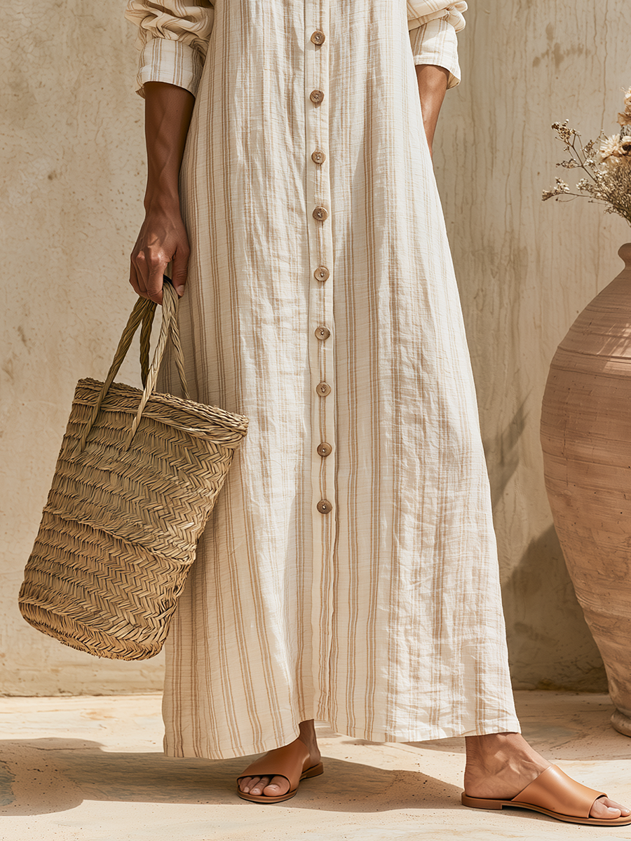 Old Money Vacation Striped Long-Sleeve V-Neck Cotton-Linen Maxi Dress