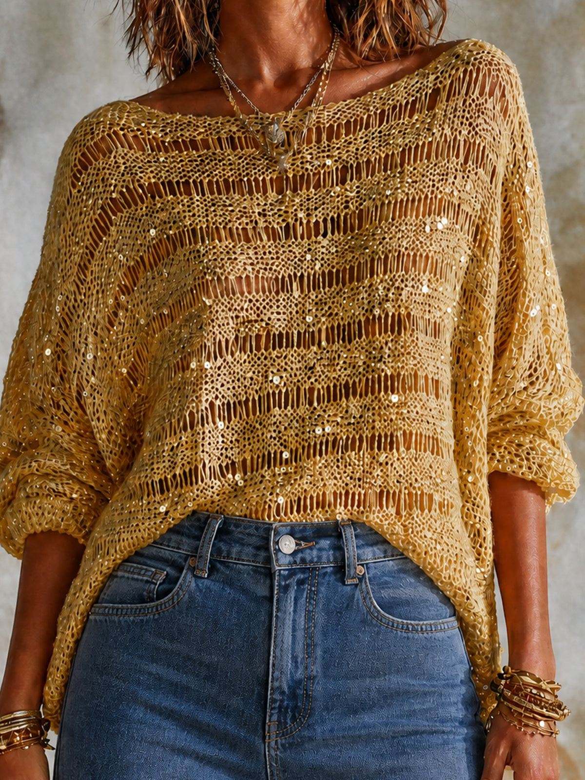 Chic Yellow Horizontal Stripes Boat Neck Long Sleeve Loose-Fit Sequin Mesh Knit Sweater Top