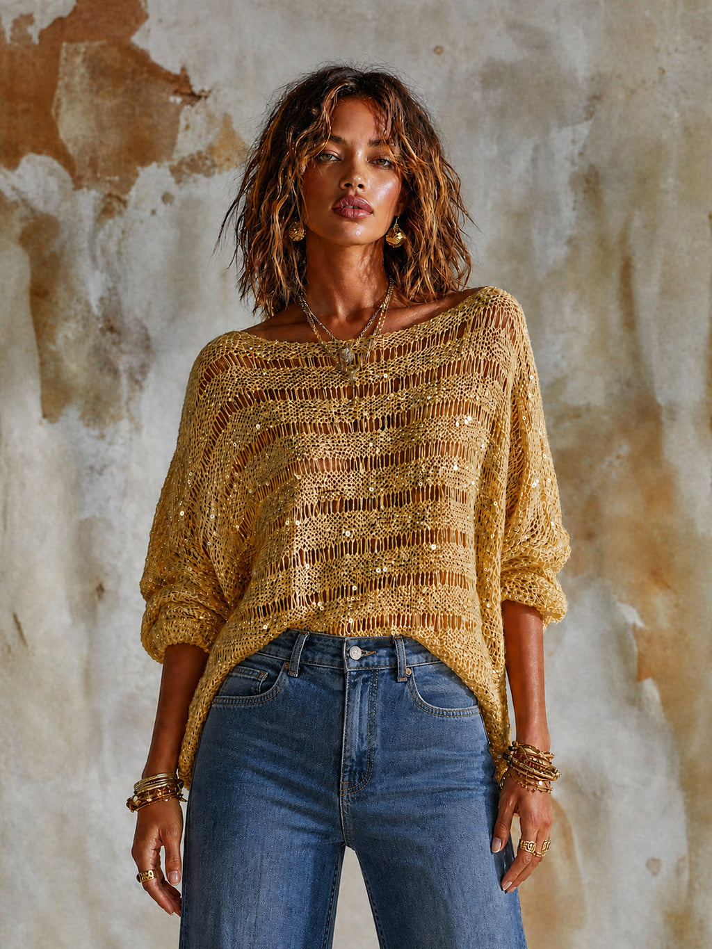 Chic Yellow Horizontal Stripes Boat Neck Long Sleeve Loose-Fit Sequin Mesh Knit Sweater Top