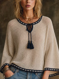 Chic Cream-Navy Colorband Round Neck Tassel Rope Details Three Quarter Sleeve Loose-Fit Mesh Knit Sweater Top