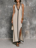 Chic White-Black Contrast Trim Colorband V-Neck Sleeveless A-Line Skirt Slim-Fit Ribbed Sweater Side Slit Details Maxi Dress