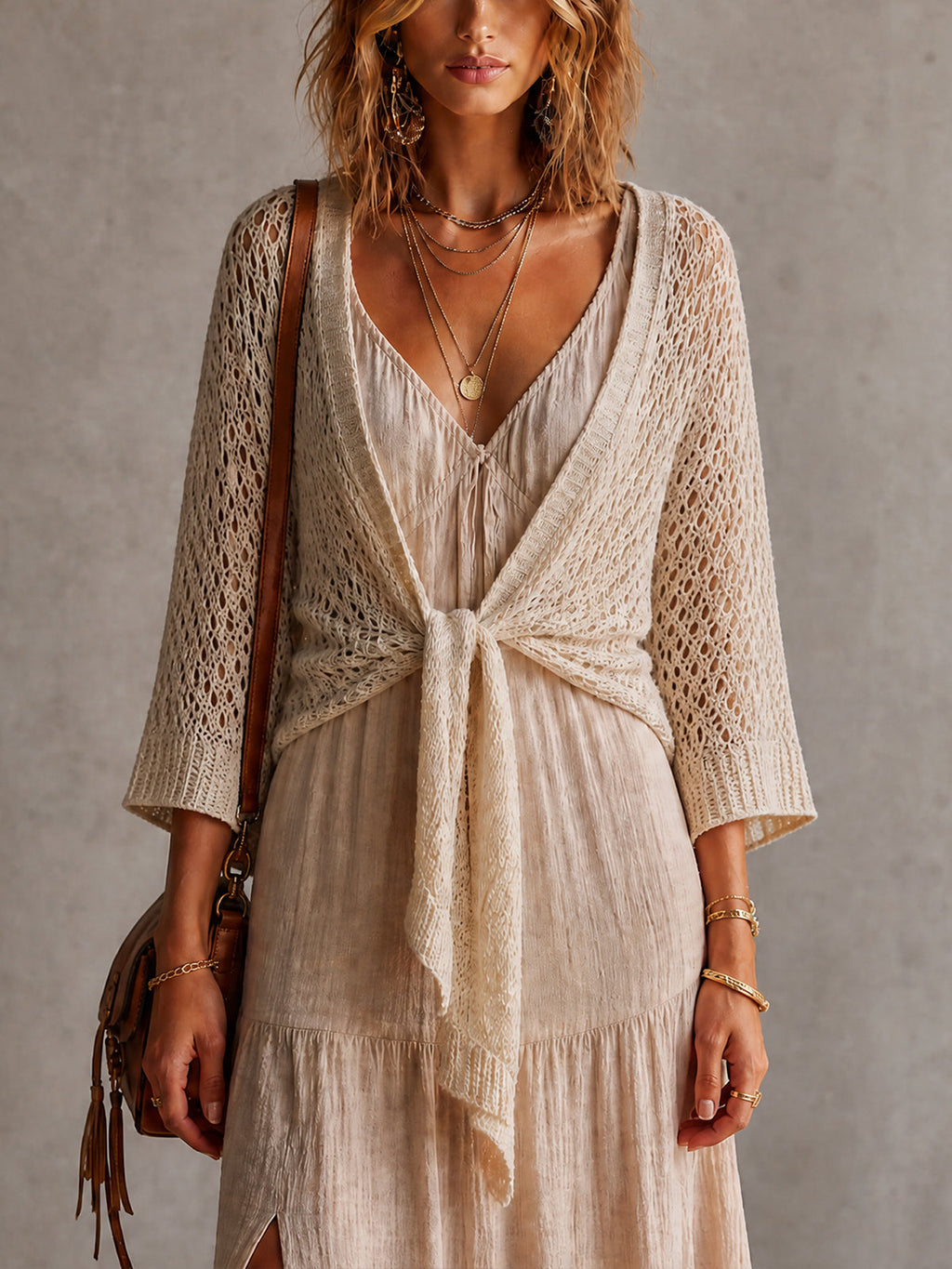 Chic Solid Cream V-Neck Three Quarter Batwing Sleeves Loose-Fit Mesh Tie Details Knit Cardigan Top